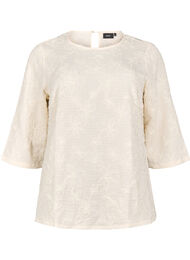 Bluse med 3/4-ermer og 3D-blomster, Warm Off-white