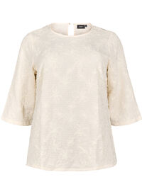 Bluse med 3/4-ermer og 3D-blomster, Warm Off-white Bluse med 3/4-ermer og 3D-blomster