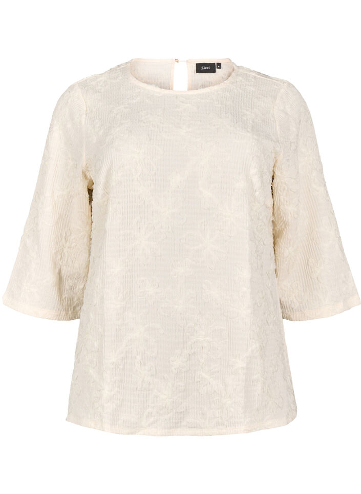 Bluse med 3/4-ermer og 3D-blomster, Warm Off-white, Packshot image number 0