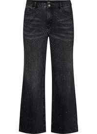 Straight fit jeans med rhinesteiner og høy midje, Grå Straight fit jeans med rhinesteiner og høy midje