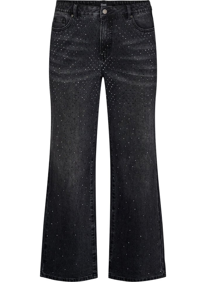 Straight fit jeans med rhinesteiner og høy midje, Grå, Packshot image number 0