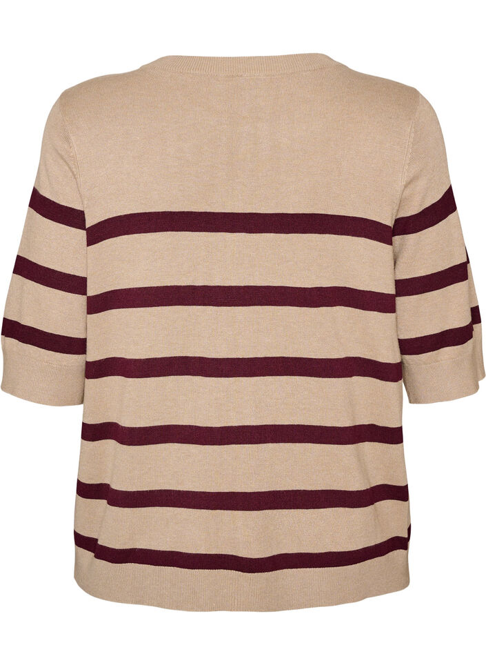 Stripete strikketopp med korte ermer, Beige, Packshot image number 1