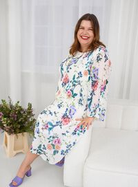 Hvit kjole med fargerikt blomstermønster, , Model