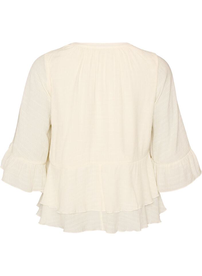 Bluse med 3/4-ermer og volangdetaljer, Vanilje, Packshot image number 1