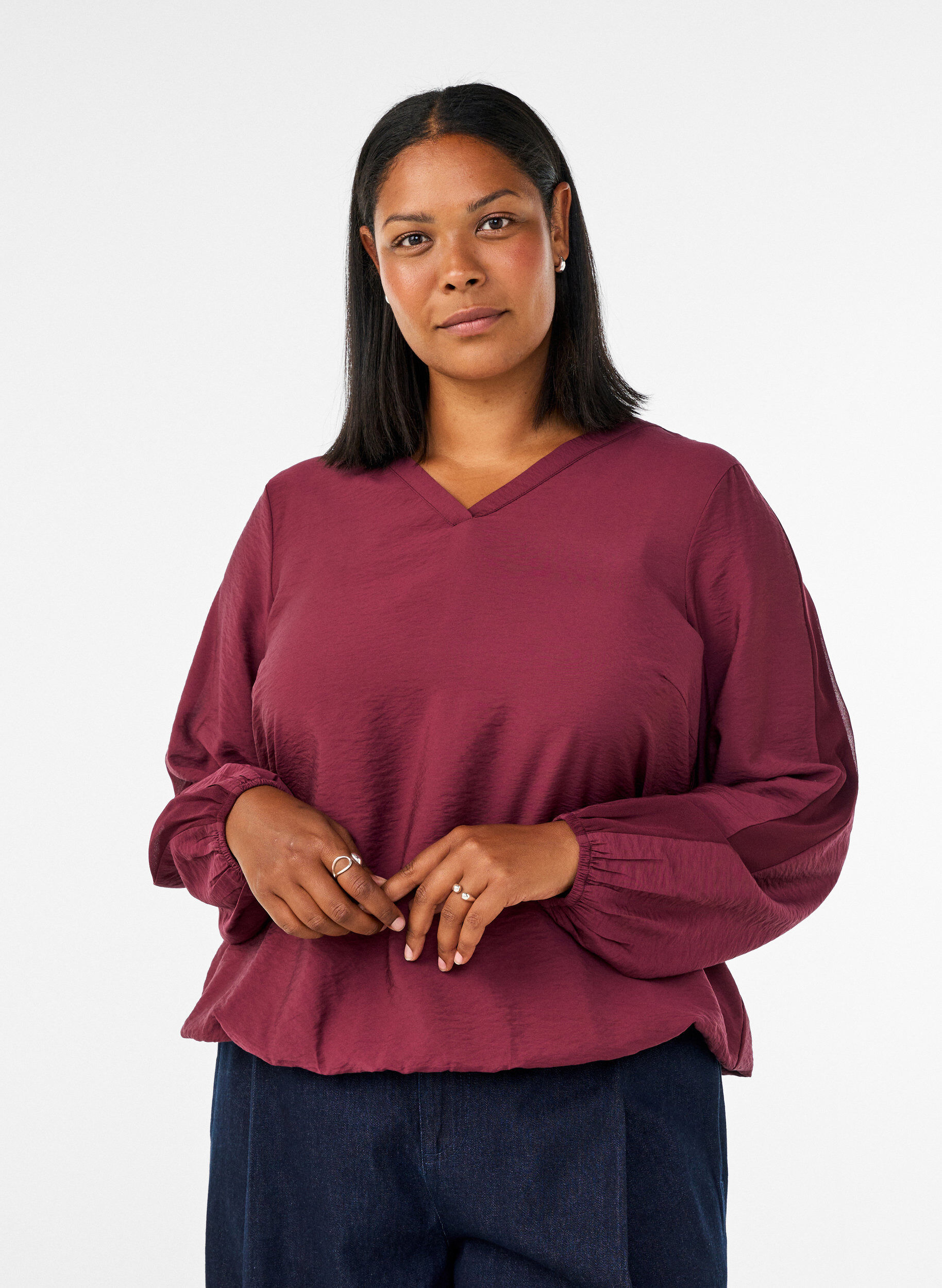 Bluse med ballongeffekt og chiffon-detaljer, R&oslash;d, Model