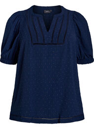Bluse med korte puff ermer og prikkete tekstur, Navy Blazer