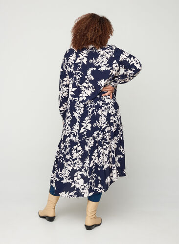 Printed viscose midi dress with A-line cut, Night Sky AOP, Model image number 0