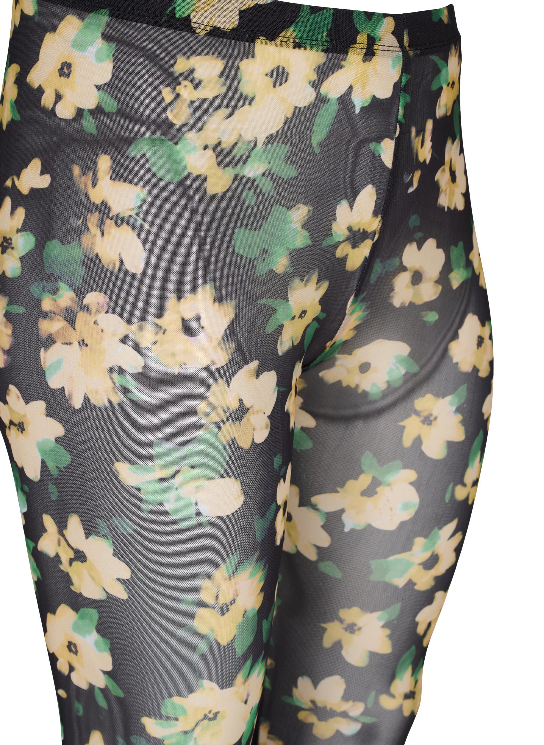 Zizzi Leggings med mesh og blomsterm&oslash;nster, Yellow Green AOP, Packshot image number 2