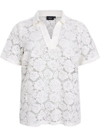 Blondebluse med krage og V-hals, Vanilje Blondebluse med krage og V-hals