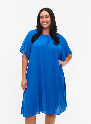 Kjole i viskose med korte ermer, Victoria blue, Model image number 0