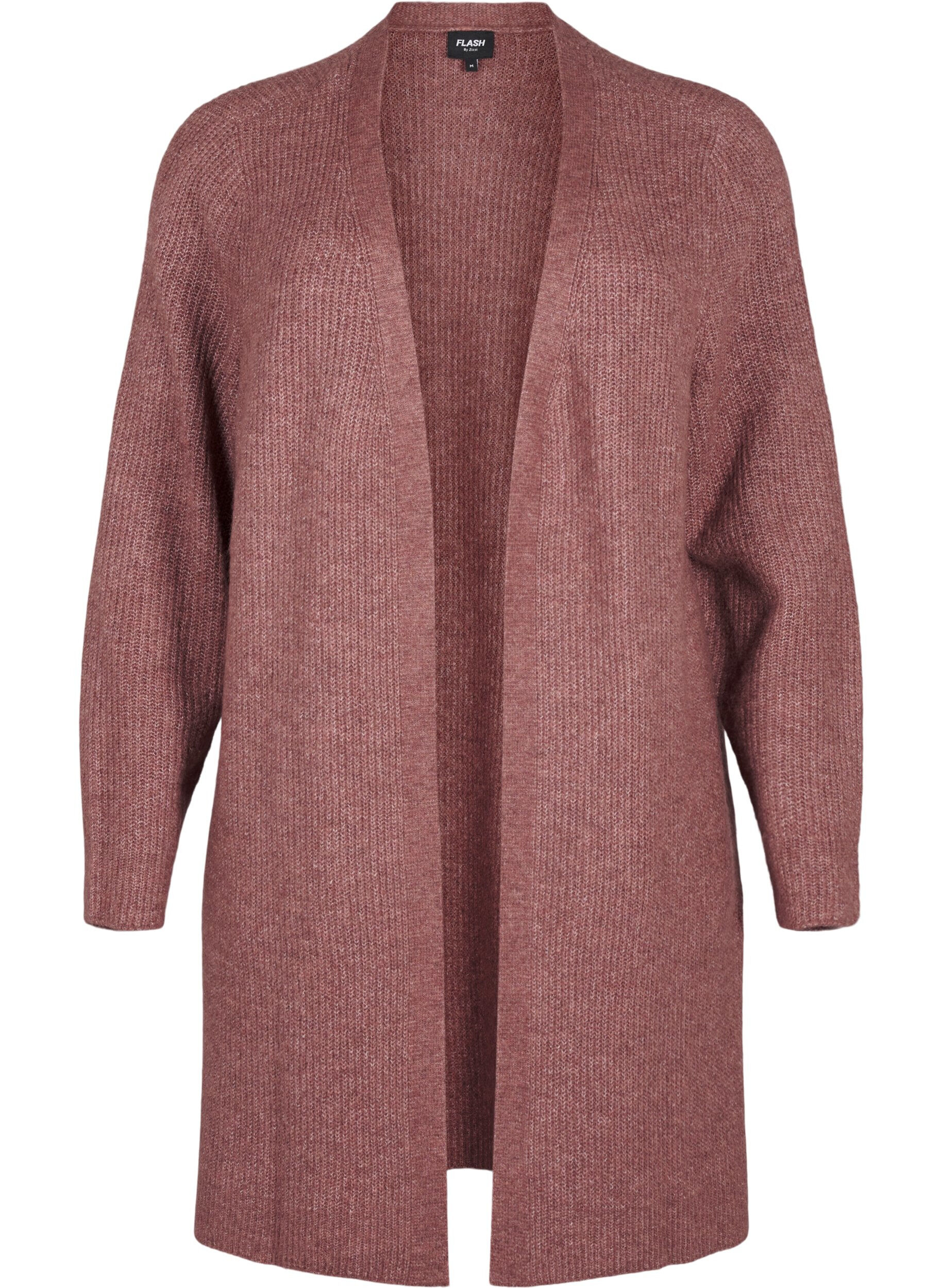 Zizzi FLASH - Ribbestrikket cardigan med splitter, Rose Brown Melange, Packshot image number 0