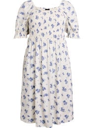 Blomstrete midikjole av viskose med smock, Hvit