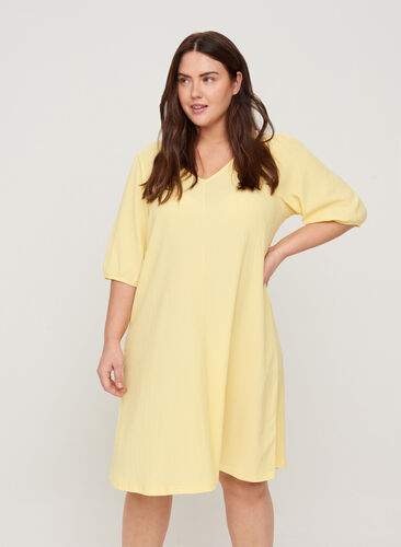 Kjole med puffermer og V-hals, Mellow Yellow, Model image number 0