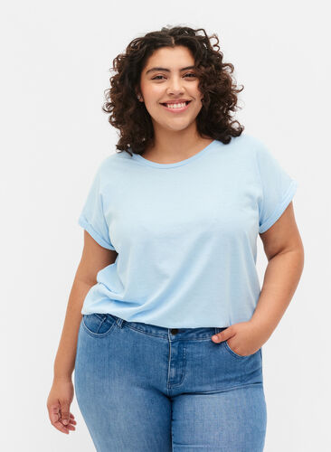 Kortermet T-skjorte i bomullsblanding, Chambray Blue , Model image number 0