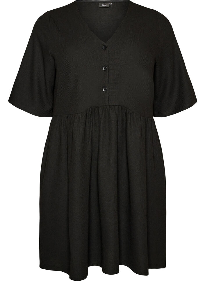 Kjole med ribbet tekstur og empirelinje, Svart, Packshot image number 0