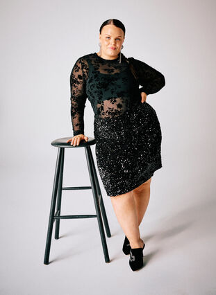 Zizzi Bluse i mesh med blomstertrykk, Svart, Image image number 0