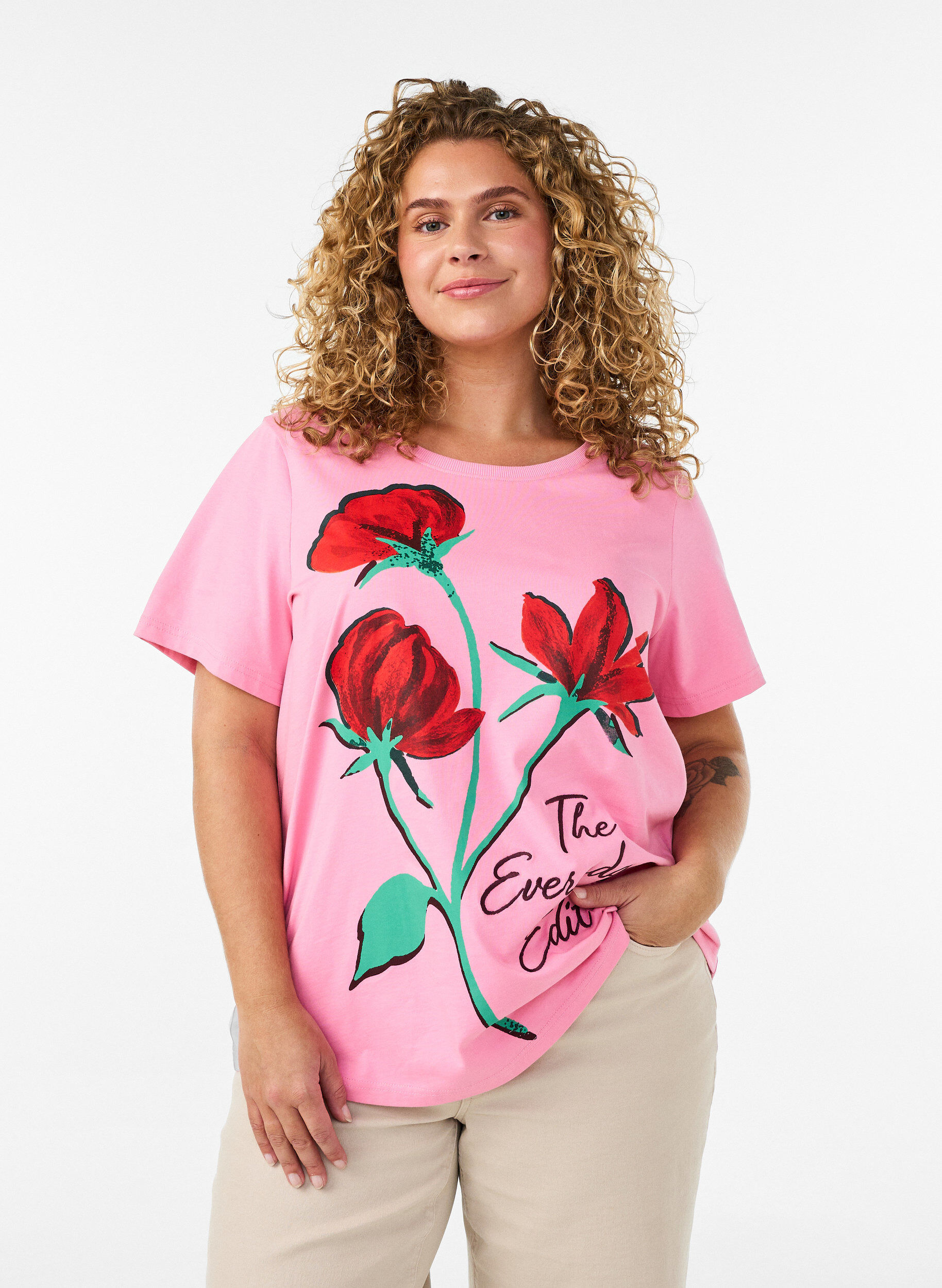 Bomulls T-skjorte med trykk foran, Rosa, Model