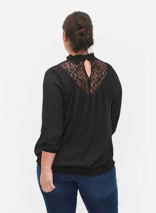 Bluse med blonder og smock, Black, Model image number 1