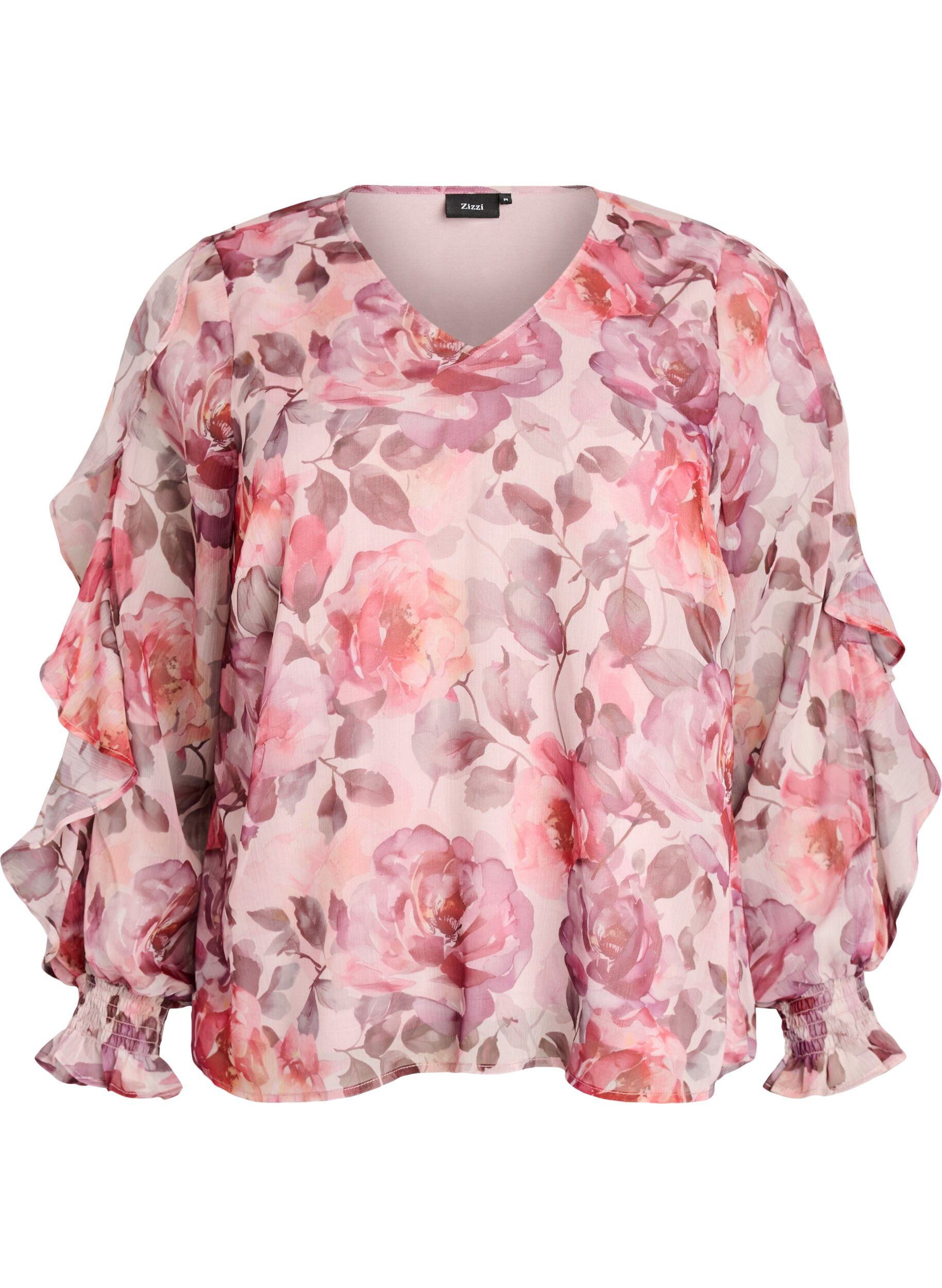 Bluse med blomstertrykk, V-hals og rysjede ermer