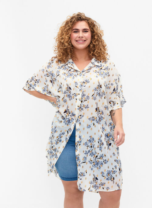 Lang skjorte med blomstermønster, White Flower/Gold, Model