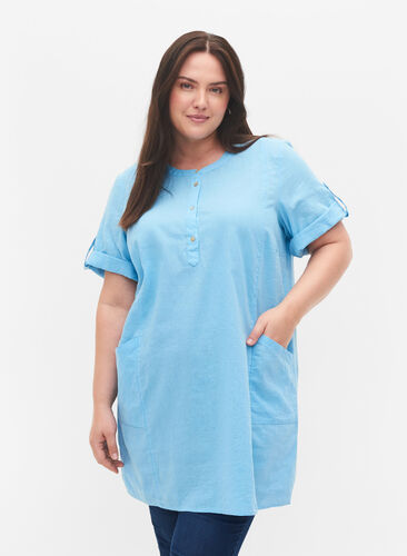 Kortermet tunika i bomull med lommer, Alaskan Blue, Model image number 0