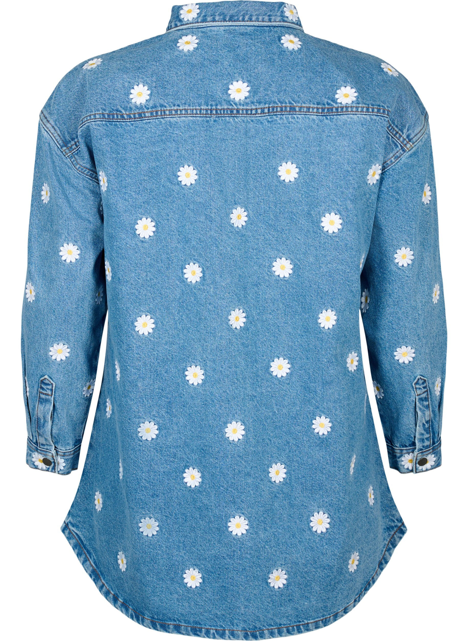 Zizzi L&oslash;s denimskjorte med broderte tusenfryd, L.B. Flower, Packshot image number 1