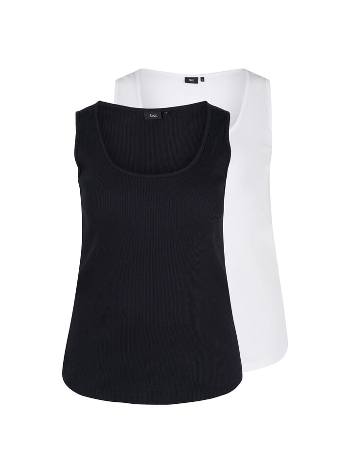 Basis tanktopp i en ribbet struktur, 2 stk., Black/Bright White, Packshot image number 0