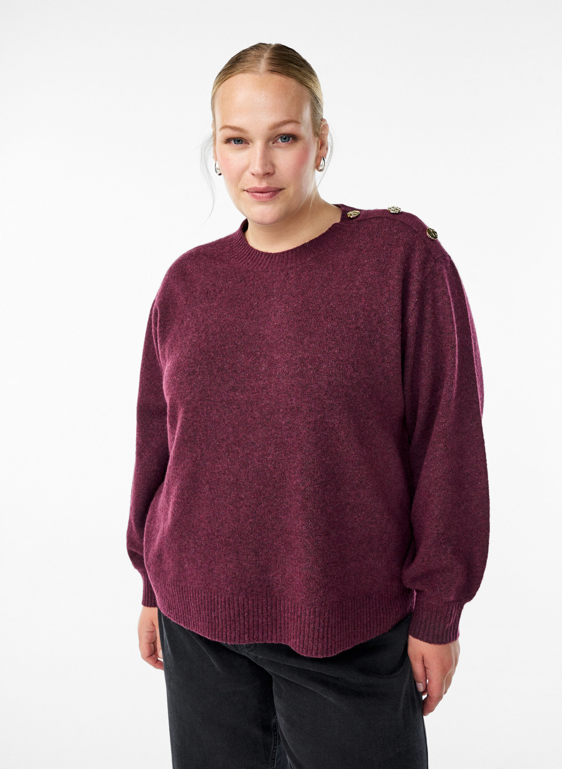 Strikket bluse med knappdetalj, M&oslash;rk Bordeaux, Model