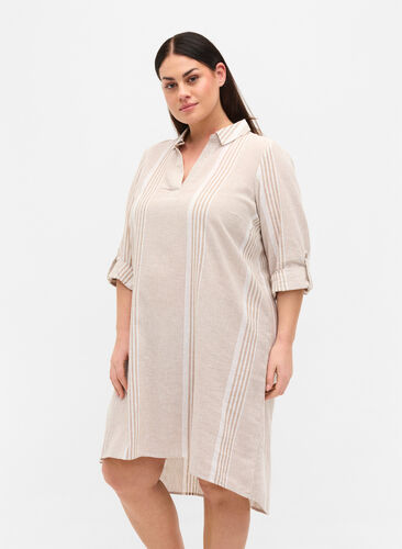 Stripet kjole i bomull og lin, White Taupe Stripe, Model image number 0