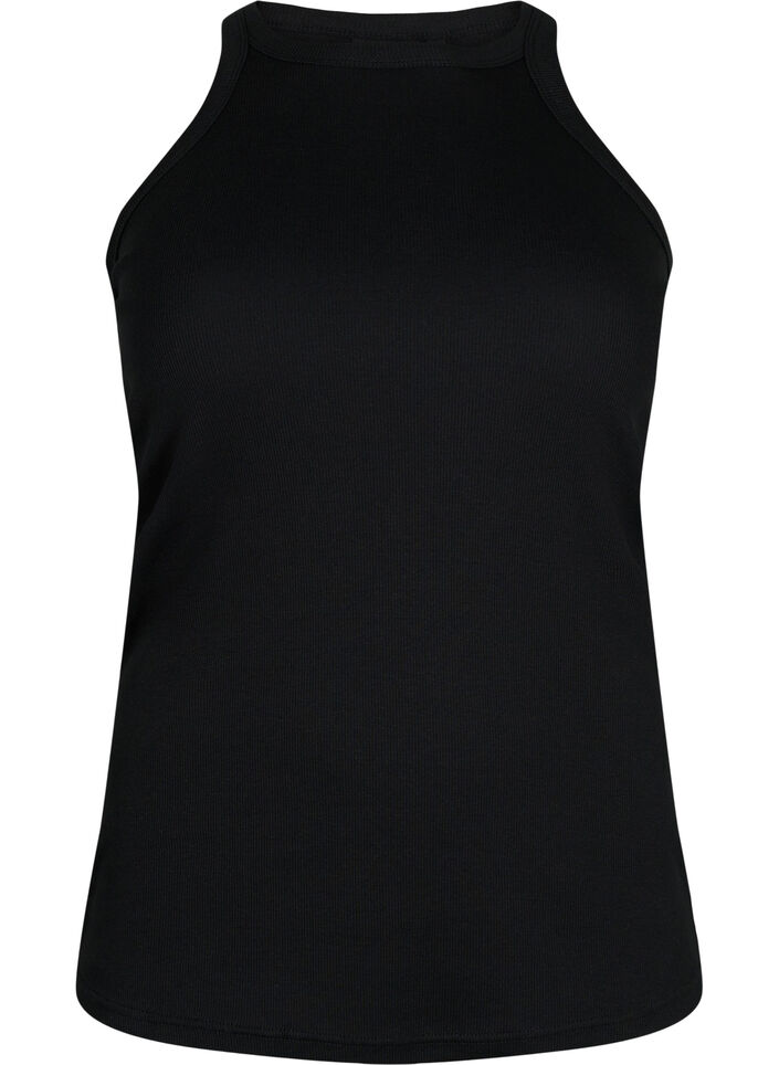 Ribbet tanktopp i bomull, Black, Packshot image number 0