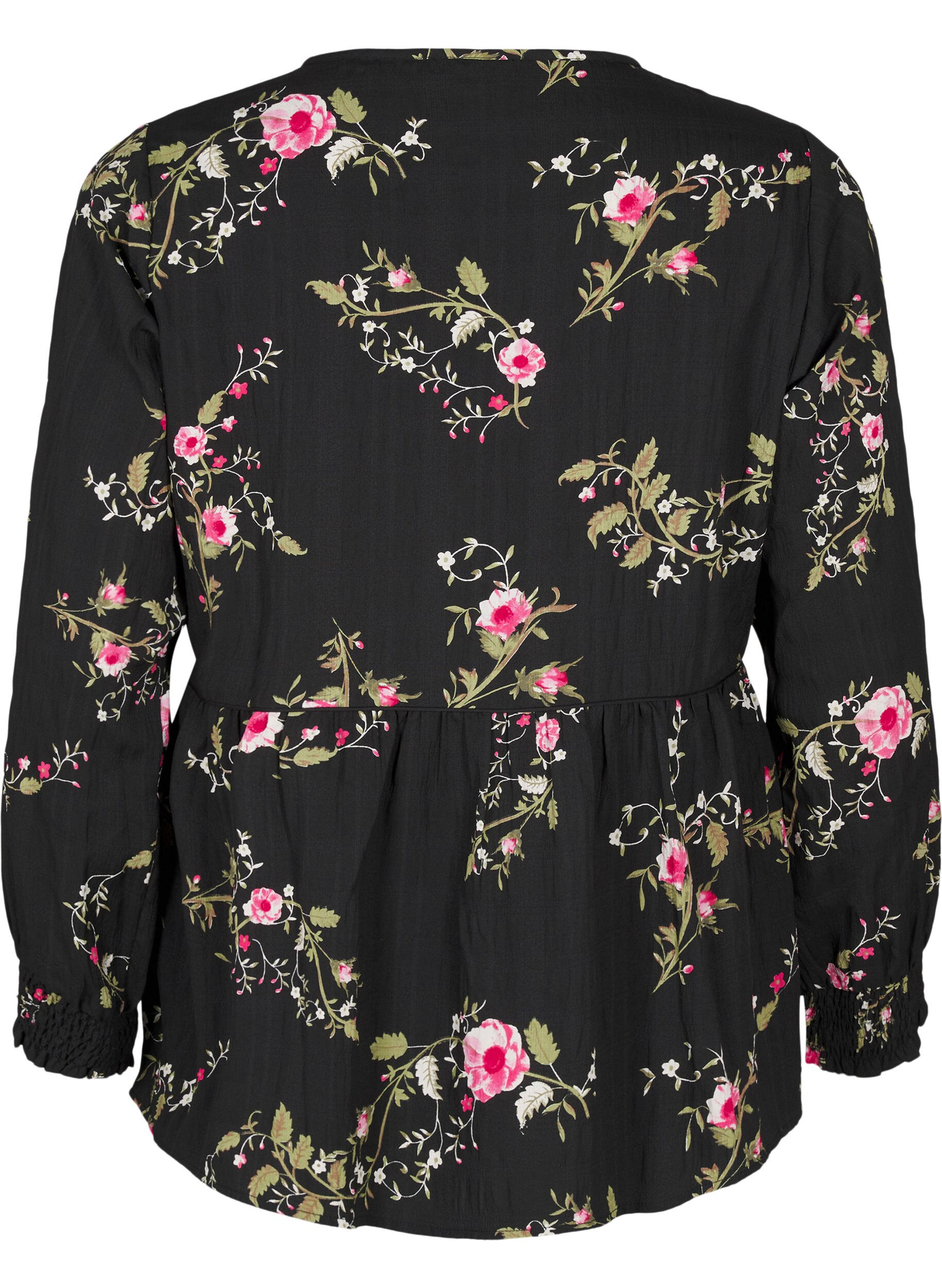 Zizzi Langermet bluse med blomstertrykk, Svart, Packshot image number 1