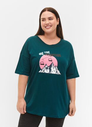 T-skjorte i bomull med trykk, Deep Teal/Sea Pink, Model image number 0