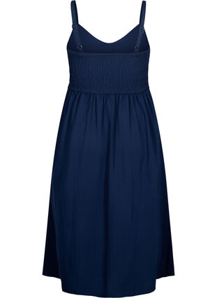 Ensfarget kjole med stropper i viskose med smock, Navy Blazer, Packshot image number 1