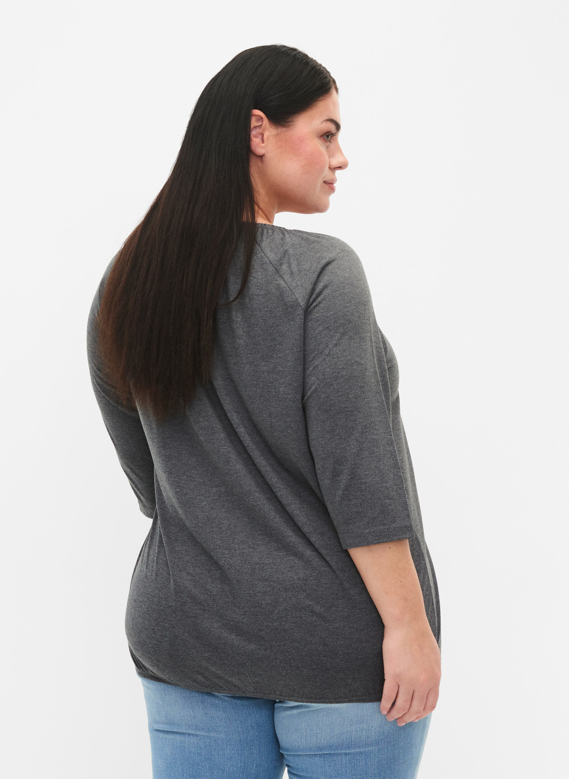 Zizzi Stripete bluse med 3/4 ermer, Dark Grey Melange, Model image number 1