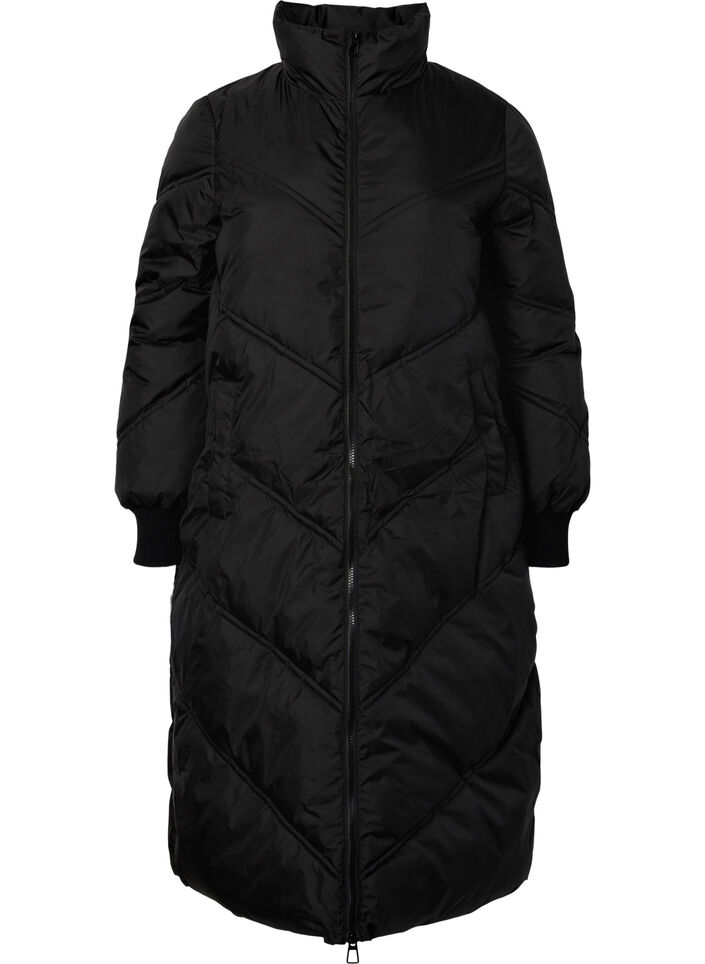 Lang puffer-vinterjakke, Black, Packshot image number 0