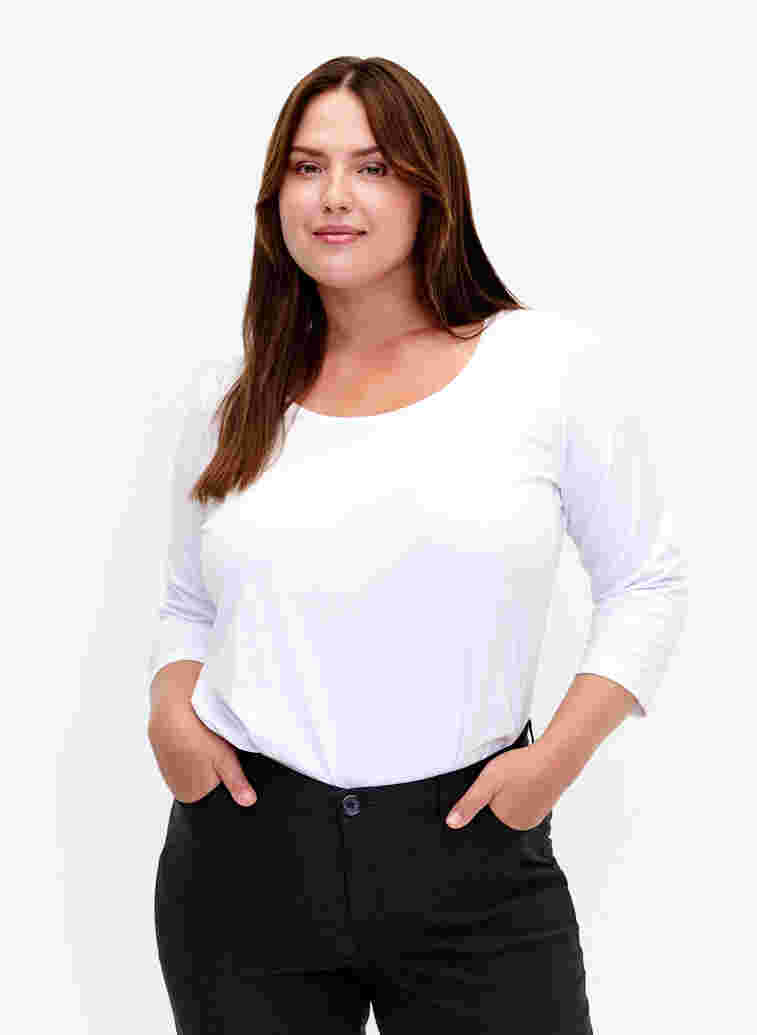 Basis T-skjorte i bomull med 3/4 ermer, Bright White, Model
