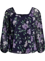 Chiffonbluse med blomstertrykk og lange ermer, Bl&aring;