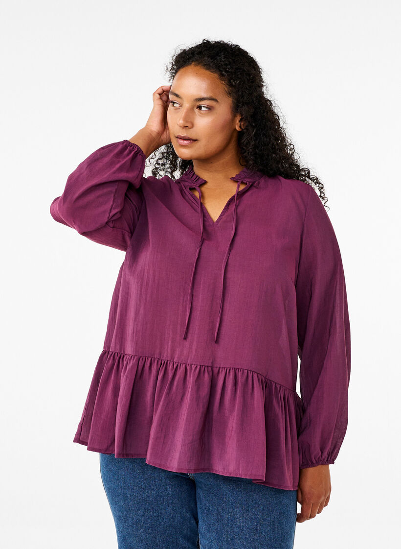 Viskosebluse med peplum, Lilla, Model image number 0
