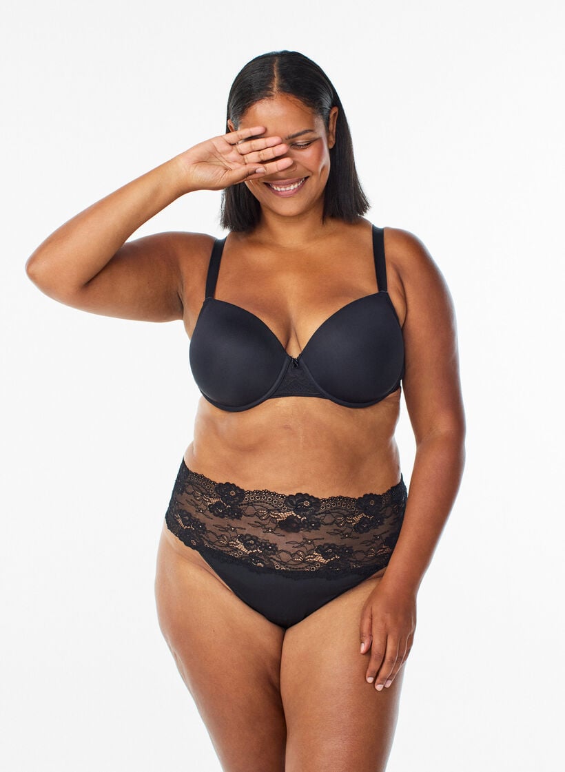 G-streng med bred blondekant, 2 stk., Svart, Model image number 0