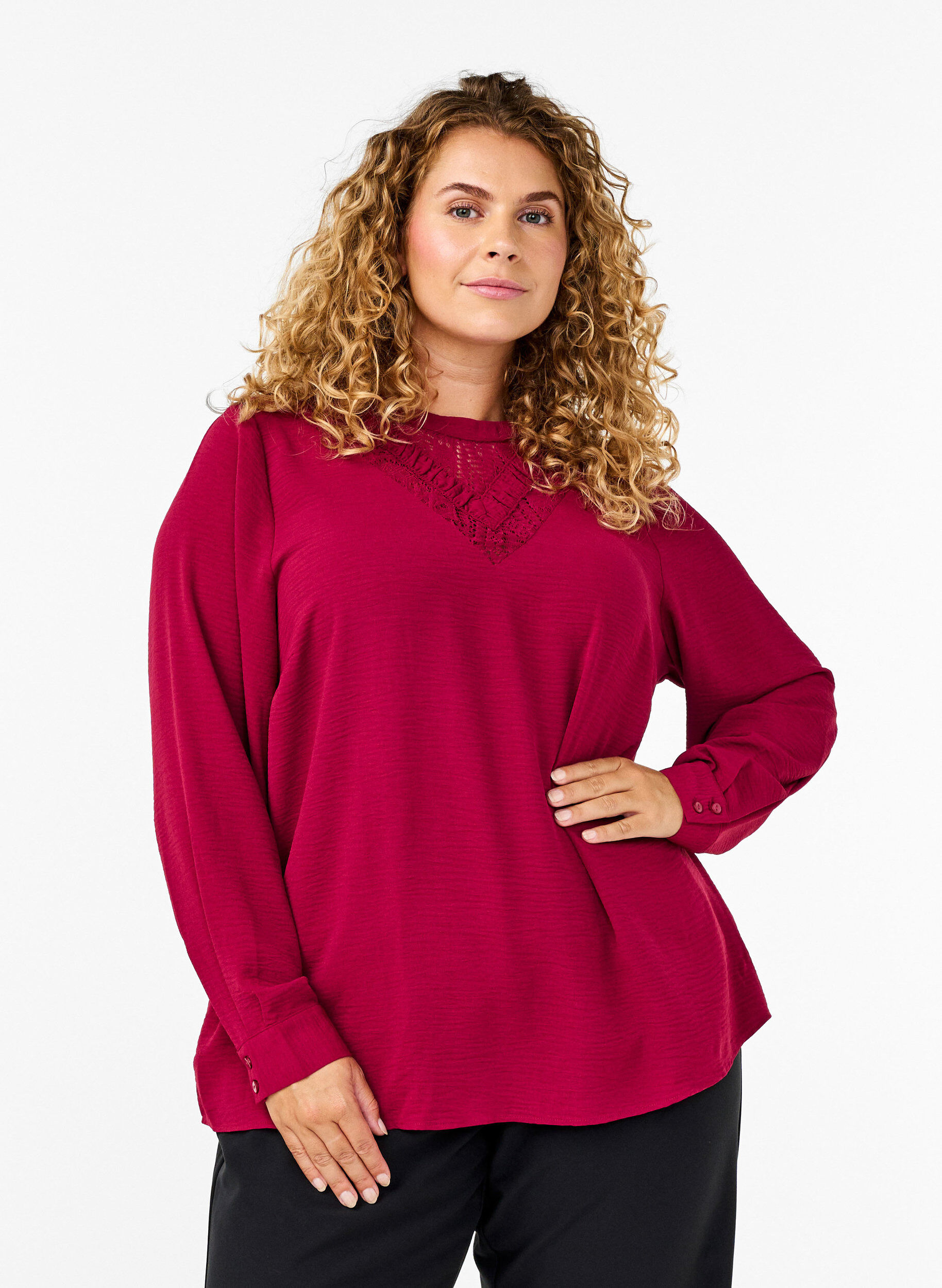 Zizzi Bluse med blondedetaljer, Red Plum, Model image number 0