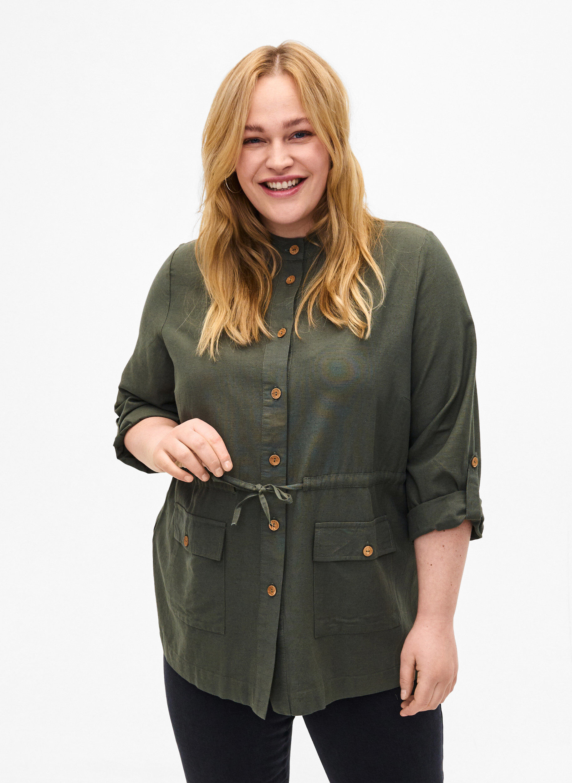 Zizzi Skjorte i linblanding med lommer, Thyme, Model image number 0