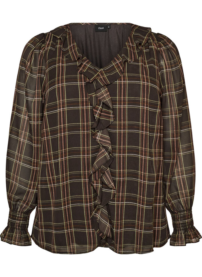Bluse med rutete og rysje detaljer, Gr&oslash;nn, Packshot image number 0