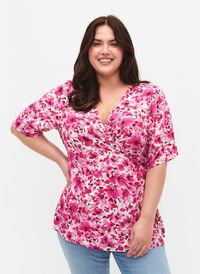 Bluse i viskose med omslagseffekt, Pink Flower Rain, Model