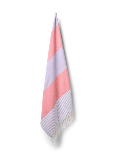 Stripete hammam håndkle med frynser, Pastel Lilac Comb, Packshot image number 0