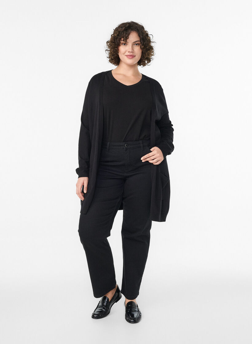 Lang strikkecardigan i viskoseblanding, Svart, Model image number 1