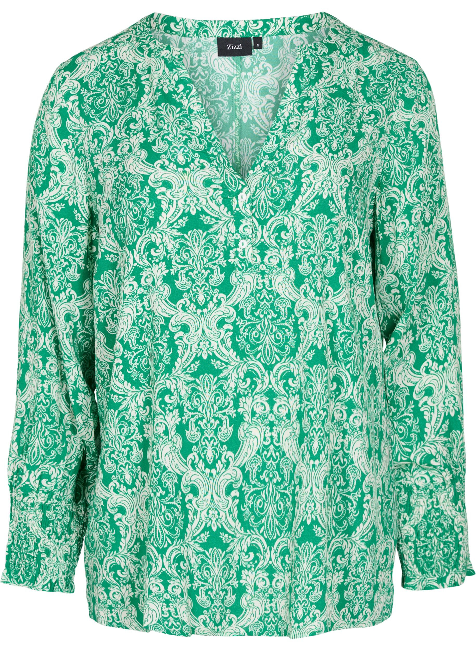 Zizzi M&oslash;nstrete bluse i viskose med smock, Jolly Green Oriental, Packshot image number 0