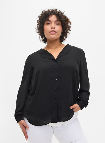 Skjorte med V-hals og smock, Black, Model image number 0