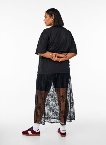 Zizzi Langt skjørt i gjennomsiktige blonder, Black, Model image number 1
