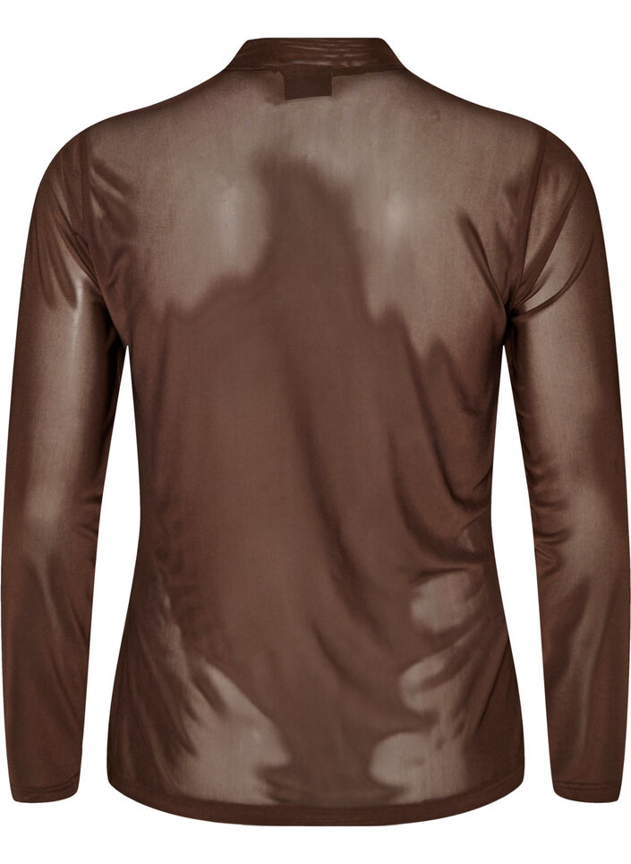 Tett sittende meshbluse med lange ermer, Brun, Packshot image number 1