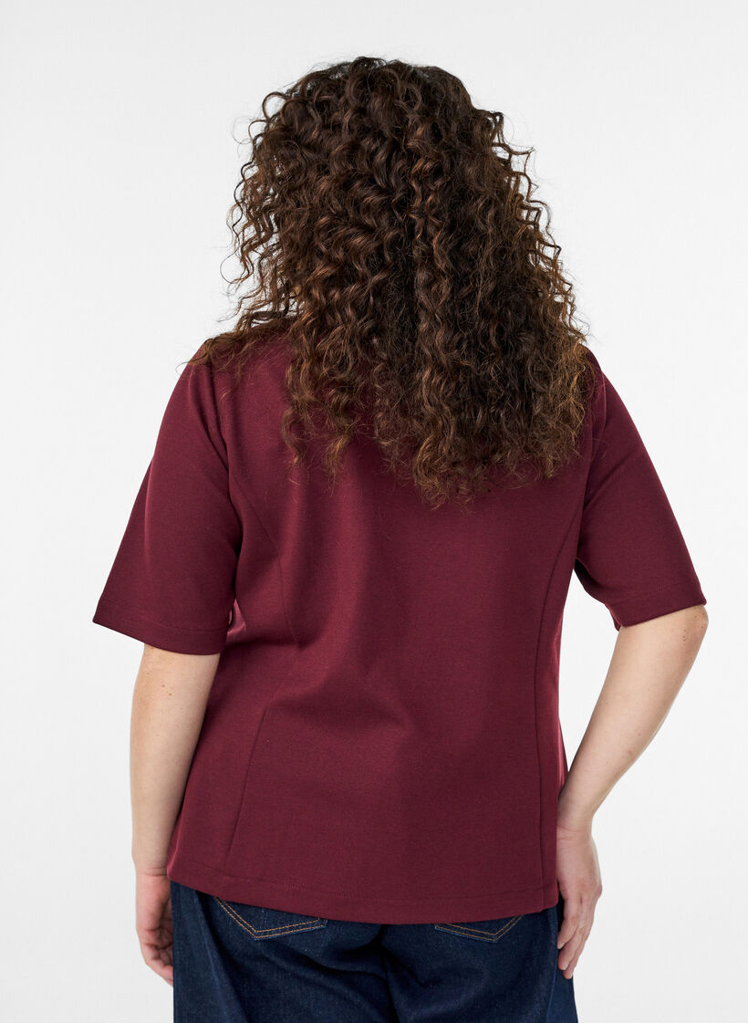 Bluse med asymmetrisk omslagseffekt og korte ermer, R&oslash;d, Model image number 2
